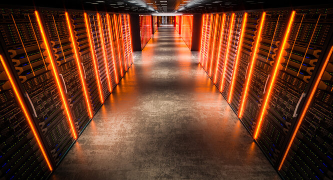 Server room with orange lights illuminating corridor in data center