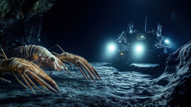 Challenger Deep, the deepest part of the Mariana Trench, dark and cold with marine life, robotic explorers, background wallpaper AI generated image