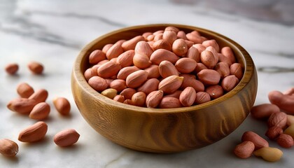raw peanut seeds in a wooden bowl on a marble countertop dried peeled groundnut as healhy vegetarian snack whole organic monkey nut for dietary nutrition arachis hypogaea fruits