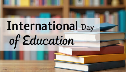 Banner for International Day of Education featuring stacked textbooks, an apple, and a vibrant background.