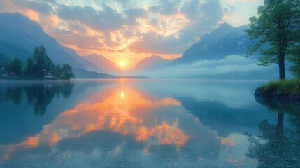 Serene sunrise over a tranquil lake surrounded by mountains and trees.