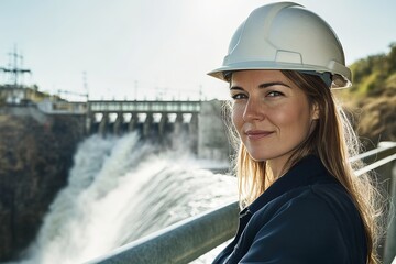 Confident woman in hard hat oversees powerful waterfall at hydro