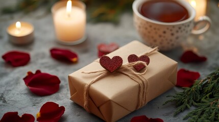 handmade valentines day gifts, romantic ambiance with handmade valentines day gifts in sustainable packaging, set among candles, roses, and a hot cup of tea
