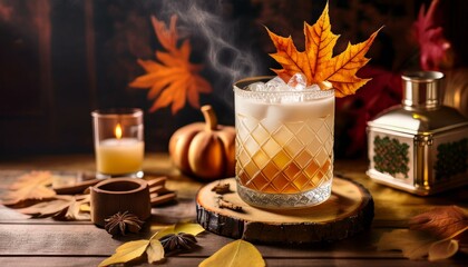 fall autumn old-fashioned cocktail with autumn leaves and mild in the history