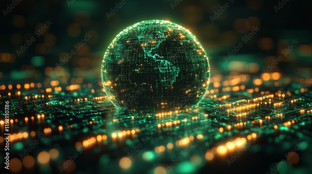 Poster A glowing globe is presented with intricate grid patterns emanating light in various colors. The visual emphasizes technological connectivity and data flow, highlighting a virtual landscape.