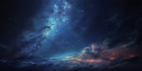 Fototapeta premium Starry night sky with clouds and vibrant colors over a calm landscape