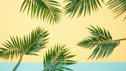 Fototapeta premium A vibrant arrangement of palm fronds against a backdrop of yellow and blue, evoking a tropical paradise.
