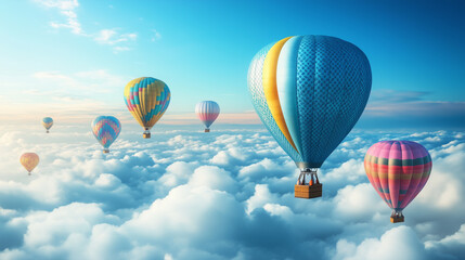 Fototapeta premium Colorful hot air balloons float above the clouds under a bright blue sky