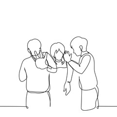 men carry woman away in arms lifting up - one line art. concept kidnapping, metaphor inner demons, dependencies