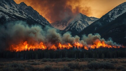 Fototapeta premium Forest fire engulfing trees at sunset in mountainous region