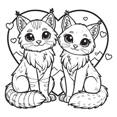 Cute Bobcat Couple on a Love Shape Vector Line Art Coloring Book Illustration