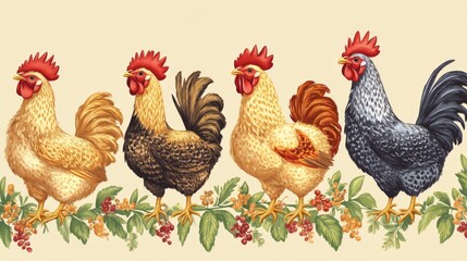 Charming Farm Scene with Colorful Roosters