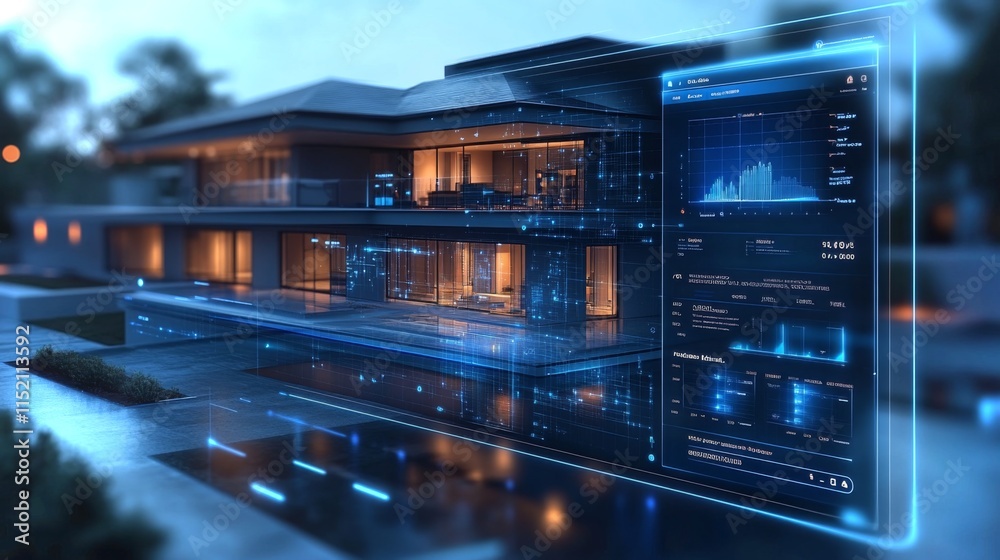 Leinwandbilder a modern home with sleek architecture is illuminated at dusk, displaying digital analytics on a tran