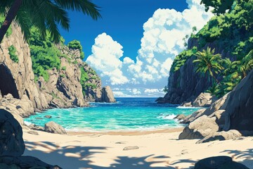 Secluded Tropical Beach Cove Nestled Between Rocky Cliffs