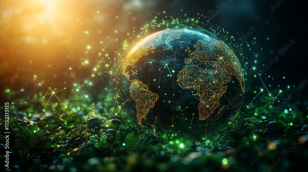 Poster A luminous globe representing Earth sits on a bed of lush greenery, illuminated by soft golden light and sparkling particles at twilight. The atmosphere is serene and enchanting.