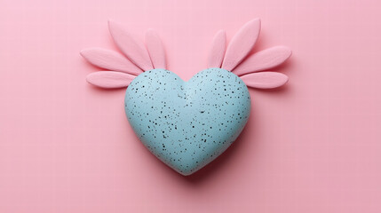 Fototapeta premium Valentine's Heart Love Concept. Blue heart-shaped object with pink leaves on a pink background.