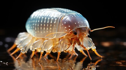 Macro Photography of a Translucent Amphipod,  a tiny crustacean with an almost ethereal, glassy shell, showcasing intricate details and a captivating reflection.