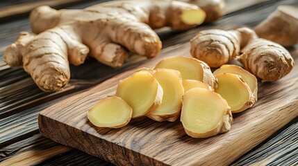 Close up sliced Ginger on wooden board