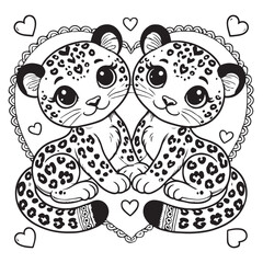 Cute Jaguar Couple on a Love Shape Vector Line Art Coloring Book Illustration