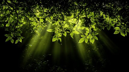 Fototapeta premium Sunbeams filtering through lush green leaves in a dark forest.