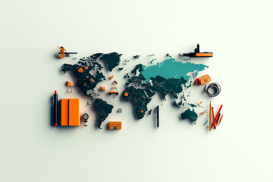 A minimalist concept of a world map with icons of books and school supplies marking various countries, symbolizing the spread of education across the globe.