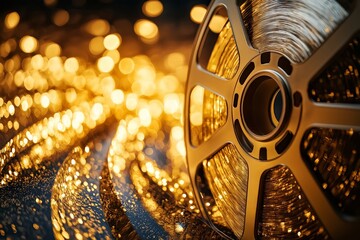 Luxurious gold film reel glistens against a shimmering background, perfect for movie promotions and glamorous cinematic celebrations. Movies and cinema