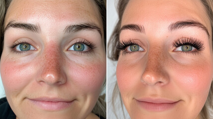 Cosmetology before and after banner, beauty industry, beauty salon, eyelash extensions 3D effect