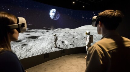 Immersive lunar experience with vr headsets in space simulation room