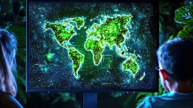 Children exploring digital world map concept on computer screen in dark room