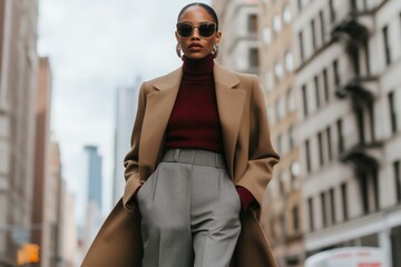 woman in a tailored camel coat paired with a burgundy turtleneck and high-waisted gray wide-leg trousers, walking confidently in a cityscape