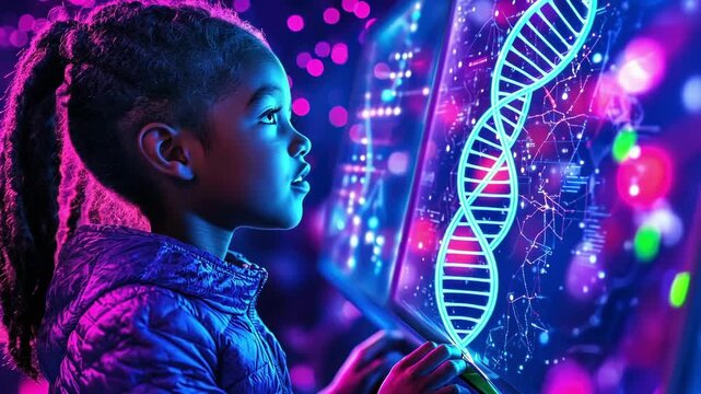 Enchanted exploration: girl engages with futuristic holographic dna display