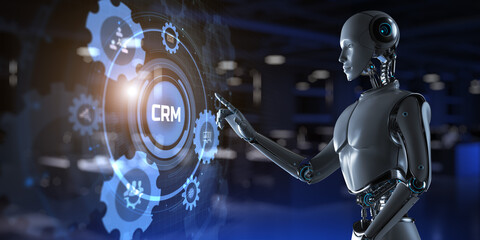 CRM customer relationship management automation RPA concept. Robot pressing button on screen 3d render.