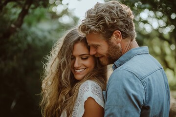 Fototapeta premium A joyful couple embraces, sharing a moment of happiness surrounded by nature's beauty.