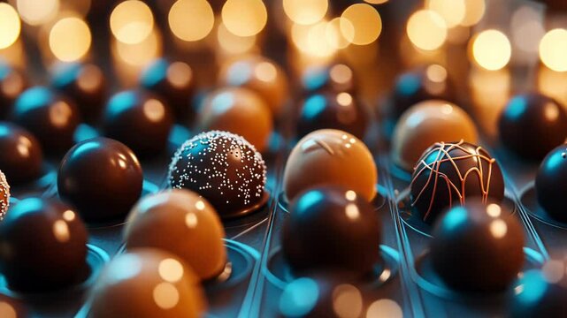A close-up of assorted chocolates with a festive bokeh background.