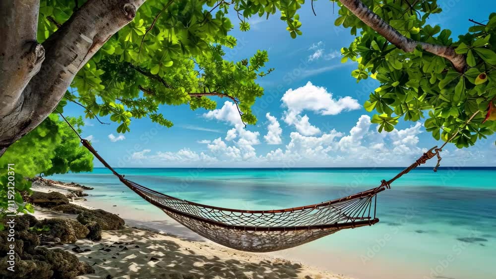 Poster relaxing hammock on a beautiful beach under a clear blue sky with calm waves and lush greenery