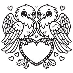 Cute Eagle Couple on a Love Shape Vector Line Art Coloring Book Illustration
