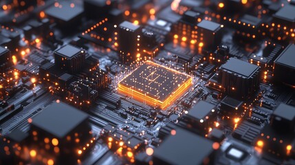 Obraz premium A futuristic microchip 3D model surrounded by glowing network connections, emphasizing its role in a larger system