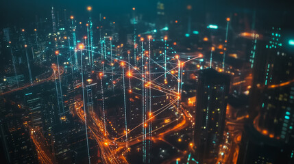 Obraz premium Smart digital city with connection cyber security network reciprocity over the cityscape . future smart wireless digital city and social media networking systems that connects people within the city
