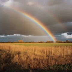 Naklejka premium A rainbow is seen in the sky above a field of tall grass