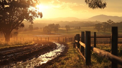 Obraz premium Serene Golden Hour Over a Tranquil Farm Scene