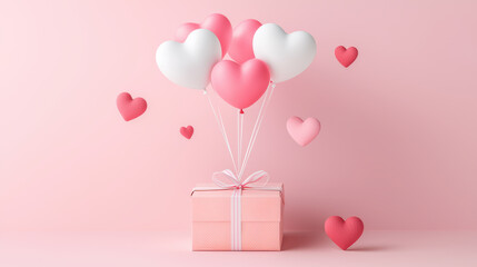 festive gift box with heart shaped balloons in pink and white, perfect for celebrations
