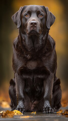 Fototapeta premium calm black Labrador retriever sitting in serene autumn setting