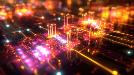 Fototapeta premium A futuristic microchip circuit illustration, with neon-lit connections and dynamic energy flows representing data processing