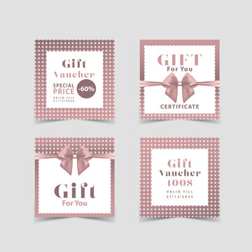Gift card template with realistic red bow. Certificate, coupon, flyer design. Discount card for shop or boutique. Vector illustration