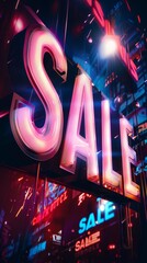 A neon sign with the word Sale written in pink. The sign is lit up and surrounded by other neon signs