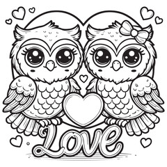 Fototapeta premium Cute Owl Couple on a Love Shape Vector Line Art Coloring Book Illustration