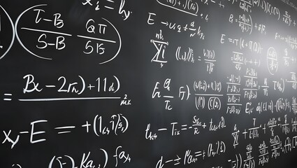 Intricate physics equations fill a chalkboard, a mesmerizing display of complex formulas and scientific notations.