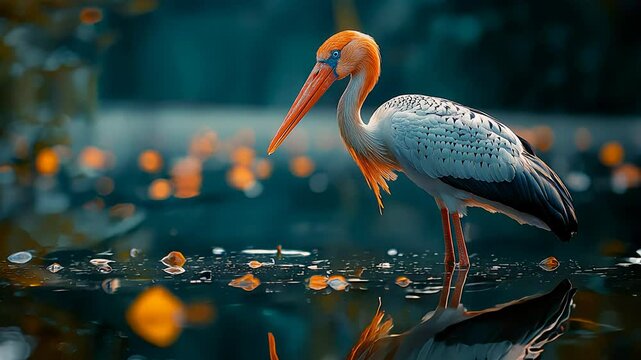 A striking Egyptian heron stands still in calm waters at dusk, surrounded by glowing spots of light reflecting off the lake's surface, showcasing tranquility and elegance in nature.