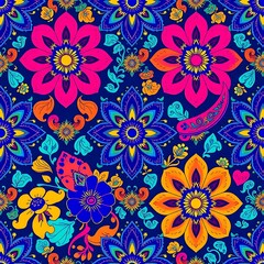 Fototapeta premium Vibrant Floral Pattern: A seamless pattern featuring a kaleidoscope of colors and intricate floral designs. Perfect for textile prints, wallpapers, and digital designs. 