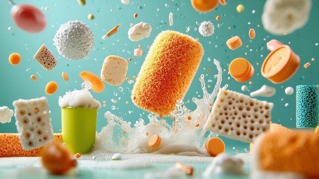 Surreal event of brushes and sponges floating midair abstract space digital art whimsical environment creative perspective unconventional concept for visual impact